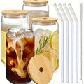 4\u002F6pcs, Glass Cup, 18.7oz\u002F550ml Glass Cup with Lid and Straw, Mason Jar Water Cup, Iced Coffee Cup, Glass Cup with Bamboo Lid,