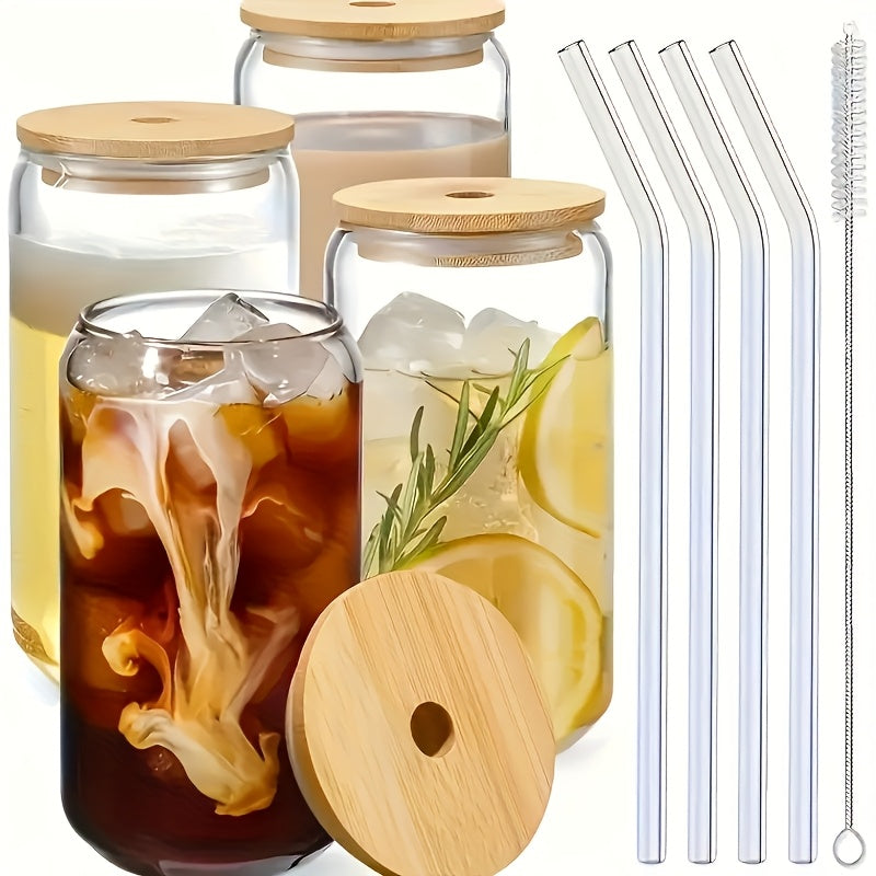 4\u002F6pcs, Glass Cup, 18.7oz\u002F550ml Glass Cup with Lid and Straw, Mason Jar Water Cup, Iced Coffee Cup, Glass Cup with Bamboo Lid,