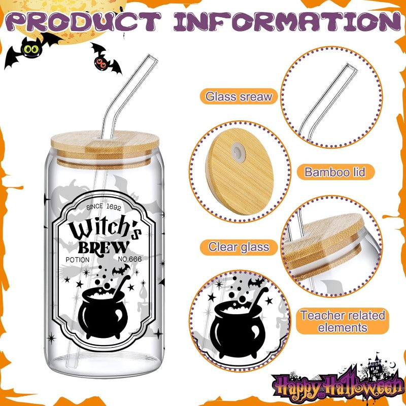 6 Pcs Halloween Drinking Glasses 16 oz Hearts Glass Cup with Bamboo Lid and Glass Straw Can Shaped Beer Glass Reusable Love Smoothie Cup for Women Teenager Valentine Party Birthday Gift