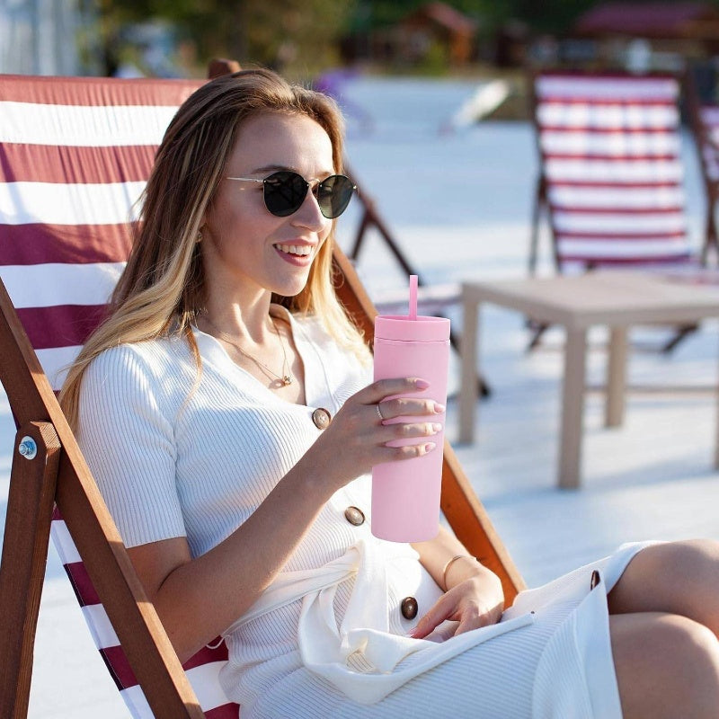 20oz Plastic Skinny Tumblers Bulk 10 Pack, Double Wall Tumbler with Lid and Straw, BPA Matte Acrylic Iced Coffee Cups With Straw, Reusable Travel Cute Mug Party, Pink, 10 Set