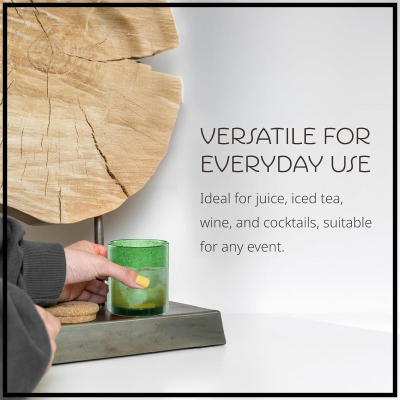 14oz Double Old Fashion Glass Set of 6 Iris Seeded Design Green Drinking Glass for Parties and Everyday Use Mojito Whiskey Cocktail Glassware and Barware entials