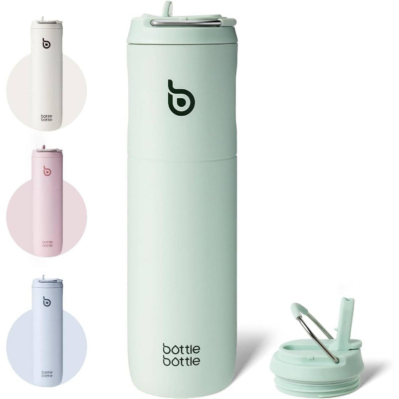 24oz Insulated Stainless Steel Water with Straw Lid & Handle - Double-Wall Vacuum, Leakproof for Hot\u002FCold Drinks, 24H Thermal Retention, Pastel Green\u002FMint, White, Pink, Blue - Gym, Travel,,