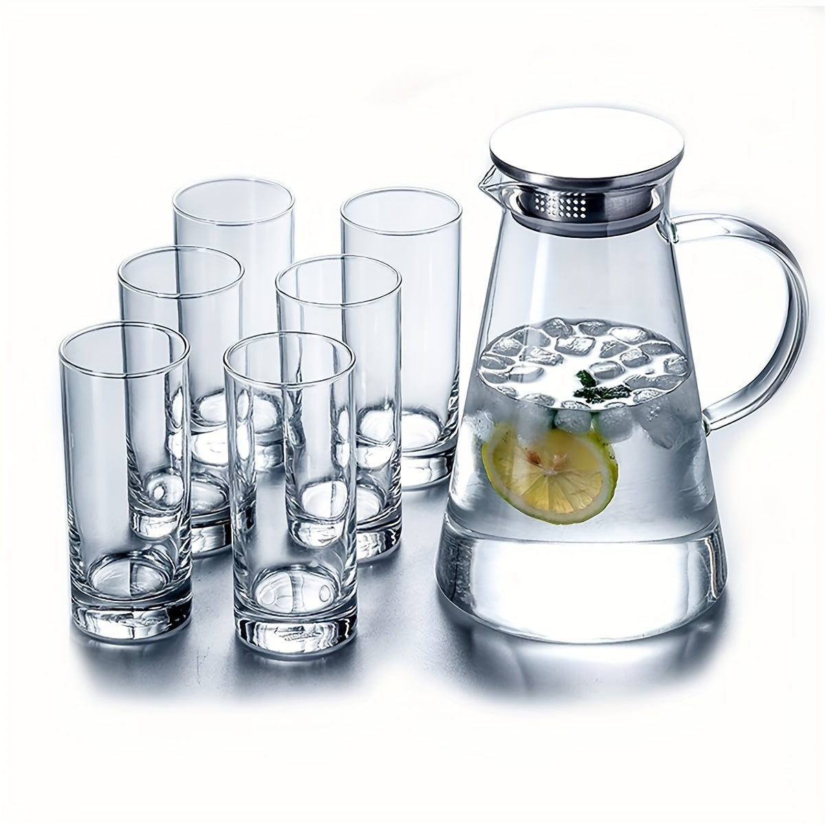 Glass Pitcher Set 7pcs Glass Pitcher Set - Jug with 6 Water Glasses Tumbler Cups - Heat Directly Lid Carafe Jug with Spout Handle for Hot\u002FCold Tea Beverage