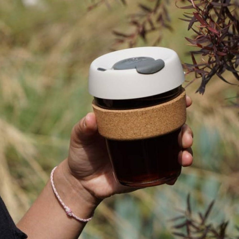 12oz Reusable Coffee Cup. Toughened Glass Cup Natural Cork Band. 12 - OunceMedium, - BFIL12, Home Beverage Container, Travel Mug, Modern Drinkware, Stylish Tumbler, Durable Glassware, Highquality Tumbler, Insulated Mug, Glass Tumbler
