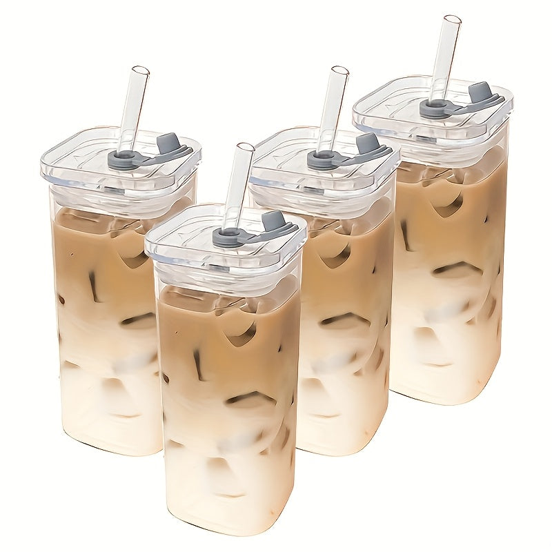 4pcs\u002F6pcs Straw Square Glass Drinking Cup With Lid, Iced Coffee Cup, Cute Anti-Dump Cup, Perfect For Travel, Workout, Hydration, Suitable For Anniversary Holiday Gifts, Dinner Sharing