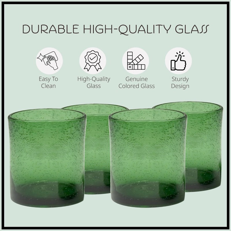 14oz Double Old Fashion Glass Set of 6 Iris Seeded Design Green Drinking Glass for Parties and Everyday Use Mojito Whiskey Cocktail Glassware and Barware entials