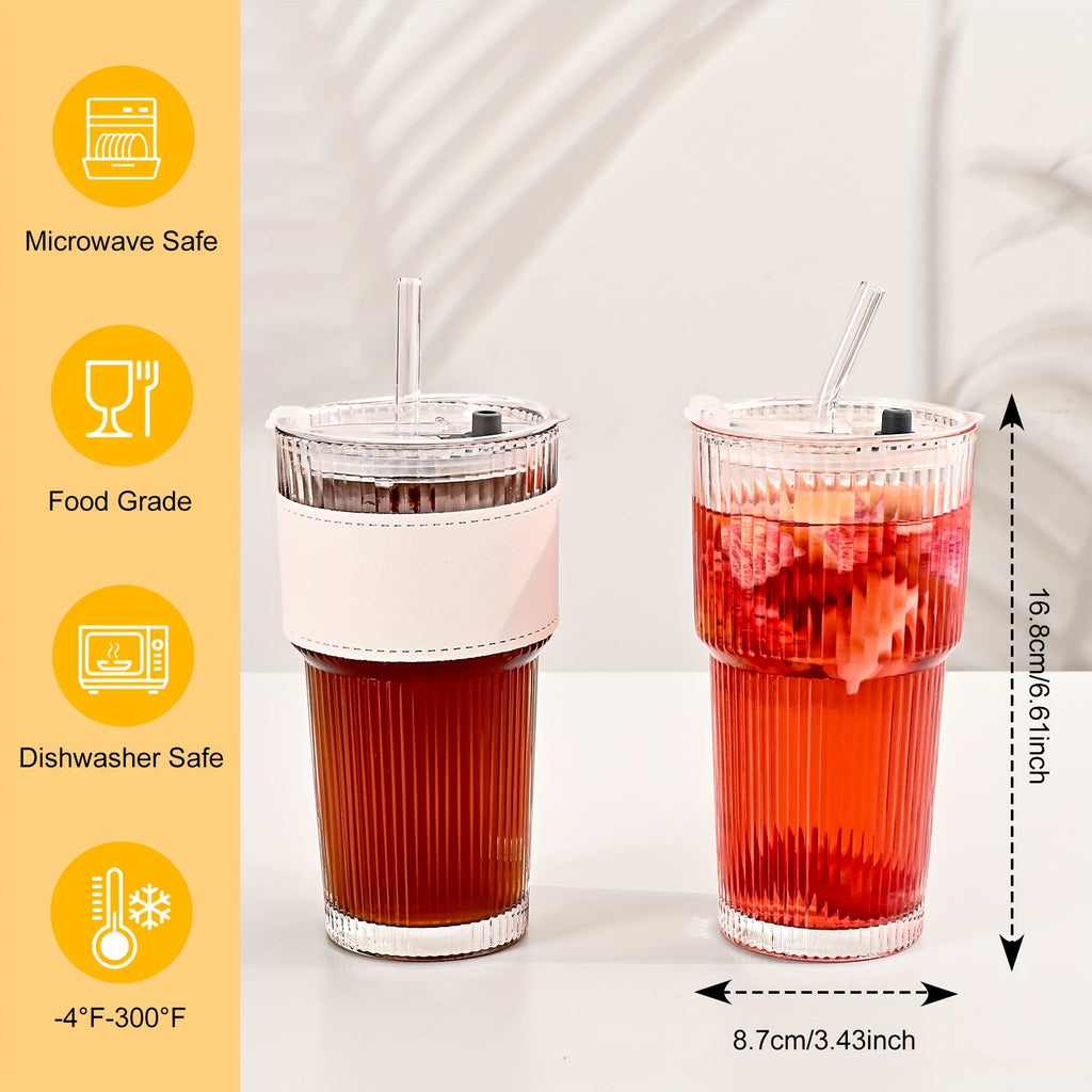 1\u002F2\u002F4pcs Stylish Striped Glass Cup Set With Cup Sleeve, Lid & Straw, 20oz High-Value Large Capacity Striped Glass Cup Set With 1*Cup Sleeve, 1*straw Brush, 2* Straws, Suitable For Cold Drinks, Coffee, Perfect For Home, Office And Outdoor Use