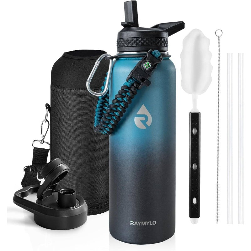 40oz Triple Wall Vacuum Insulated Stainless Steel Water Bottle - 48-Hour Cold Retention, Leakproof, BPA-Free, with Paracord Handle & Straw Spout Lids, Heavy-Duty Thermal Flask for Camping, Gym, Travel, Office - Elegant Indigo Black (Compatible with