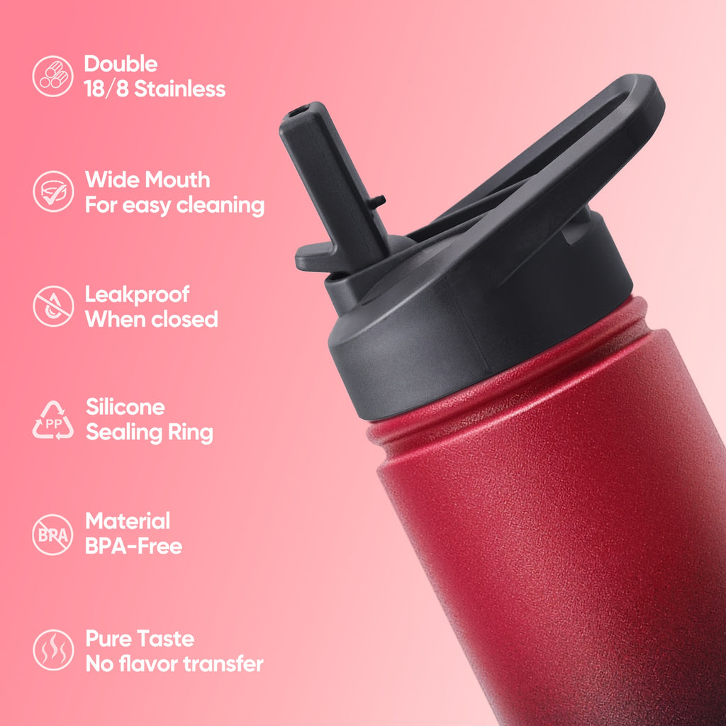 22oz Insulated Water Bottle with Straw Lids (Straw And Spout Lid), Wide Mouth Stainless Steel Tumbler Cup with Handle, Sweat-Free Leak Proof Vacuum Cup Flask, for Sports Hiking Travel Coffee Mug, Durable Metal Canteen BPA Free, 1pc