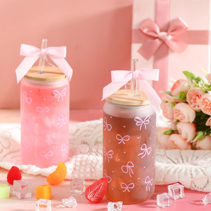 6 Sets 16oz Coquette Aesthetic Bow Glass Cup with Lids and Straws for Mom Teacher Gifts Cute Bow Glass Coffee Cups Reusable Smoothie Tumbler Decor Gifts for Women Coworkers Pink