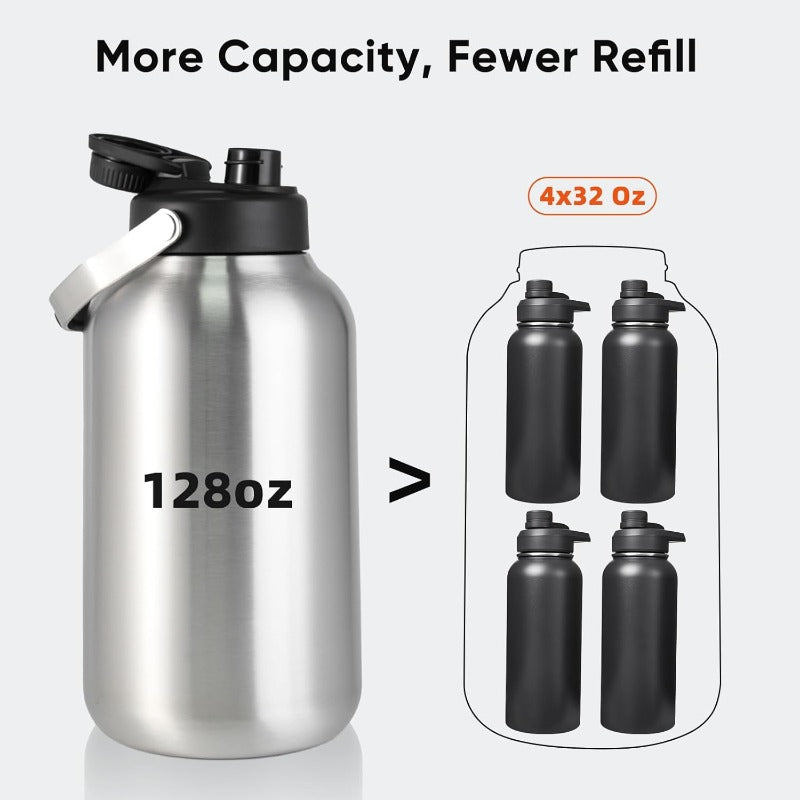 One Gallon Water Bottle 128oz Stainless Steel Insulated Water Bottle For Hot Cold Drinks BPAFree Wide Mouth LeakProof Big Water Jug With Handle For Sports Travel Hinking Camping Silver