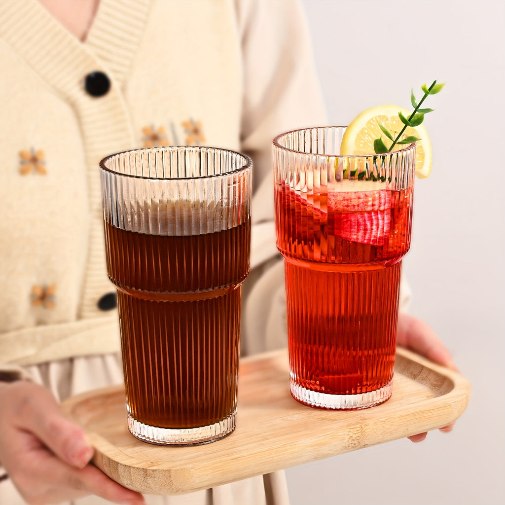 1\u002F2\u002F4pcs Stylish Striped Glass Cup Set With Cup Sleeve, Lid & Straw, 20oz High-Value Large Capacity Striped Glass Cup Set With 1*Cup Sleeve, 1*straw Brush, 2* Straws, Suitable For Cold Drinks, Coffee, Perfect For Home, Office And Outdoor Use