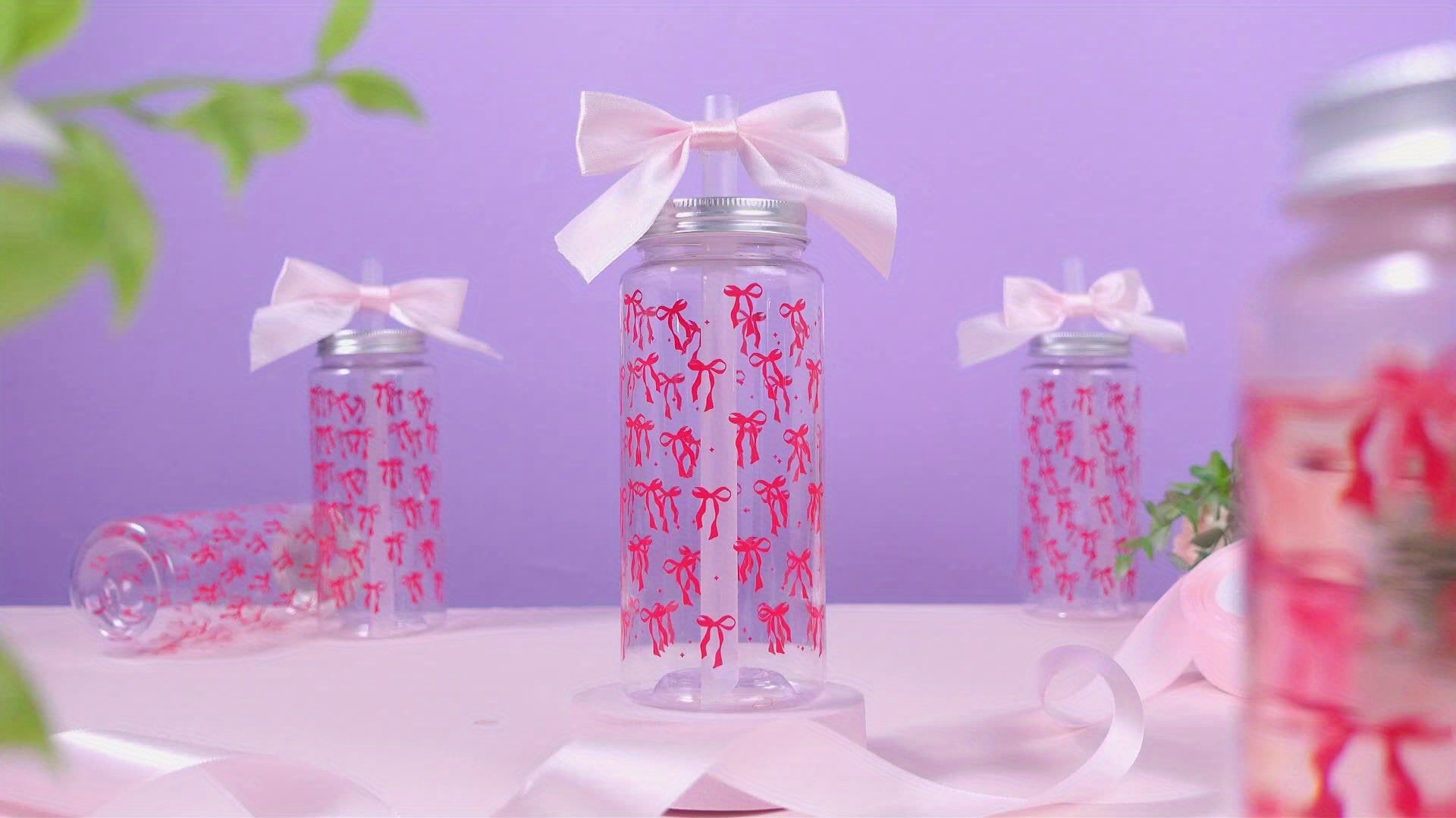 24pcs Pink Bow Plastic Cups Coquette Bow Aesthetic Cup with Lids And Straws 14 Oz Reusable Cute Bow Plastic Tumbler with Ribbon Bow for Women Birthday Bridal Shower Wedding Party Supplies Halloween&Christmas