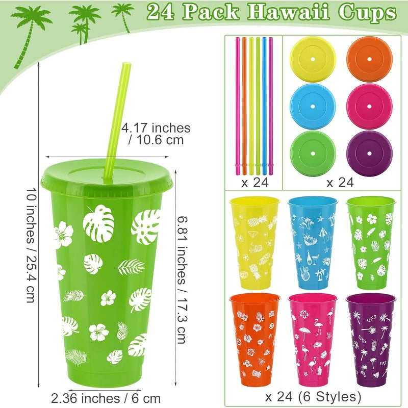 24 Pieces 24 oz Hawaiian Cups Luau Tumbler Cups with Straw and Lid 6 Design Reusable Plastic Travel Mug Cup for Hawaiia Favors Luau Tiki
