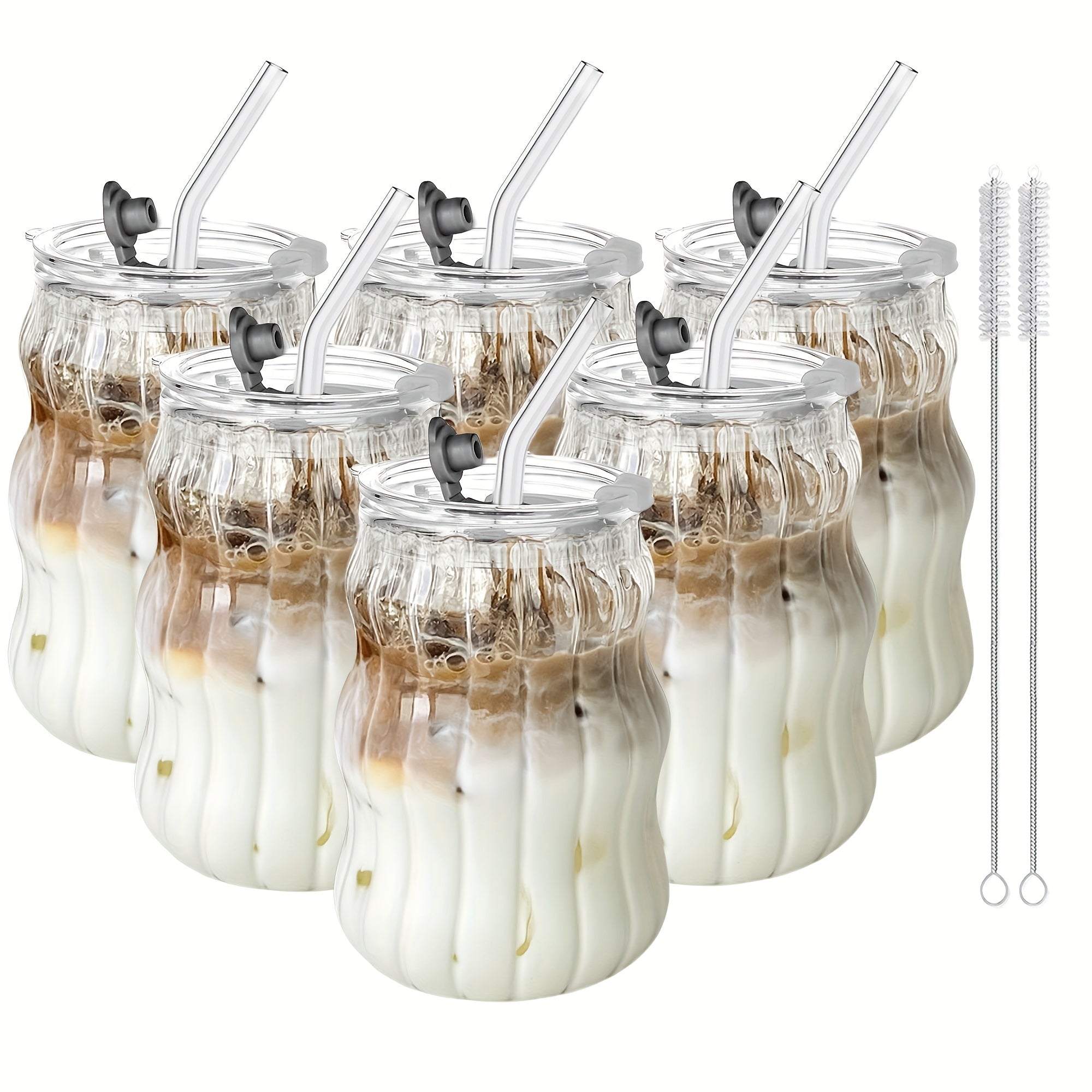 BPA-Free Glass Coffee Cups 4pcs\u002F6pcs BPA-Free Borosilicate Glass Coffee Cups with Straws | U-Shaped Insulated Tea Cups for Cold Drinks, Cloud Design, Hand Wash Only, Perfect for Labor Day & Thanksgiving Gifts