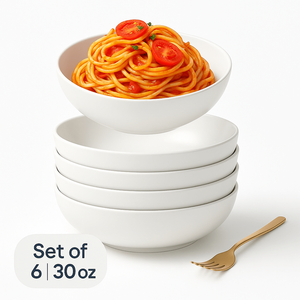 Kitchen Essentials Set – Large Ceramic Pasta Plates (Set of 6), Premium Black Knife Set (6-Piece), & Clear Glass Coffee Mugs (Set of 4) – Durable, Microwave & Dishwasher Safe