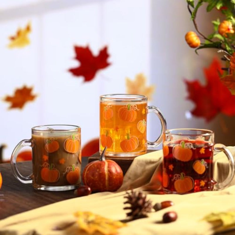 6 Pack 12 oz Fall Pumpkin Coffee Mugs Glass Cups Thanksgiving Gifts Bulk Clear Drinking Wine Glasses with Handle for Autumn Harvest Halloween Party plies Decorations