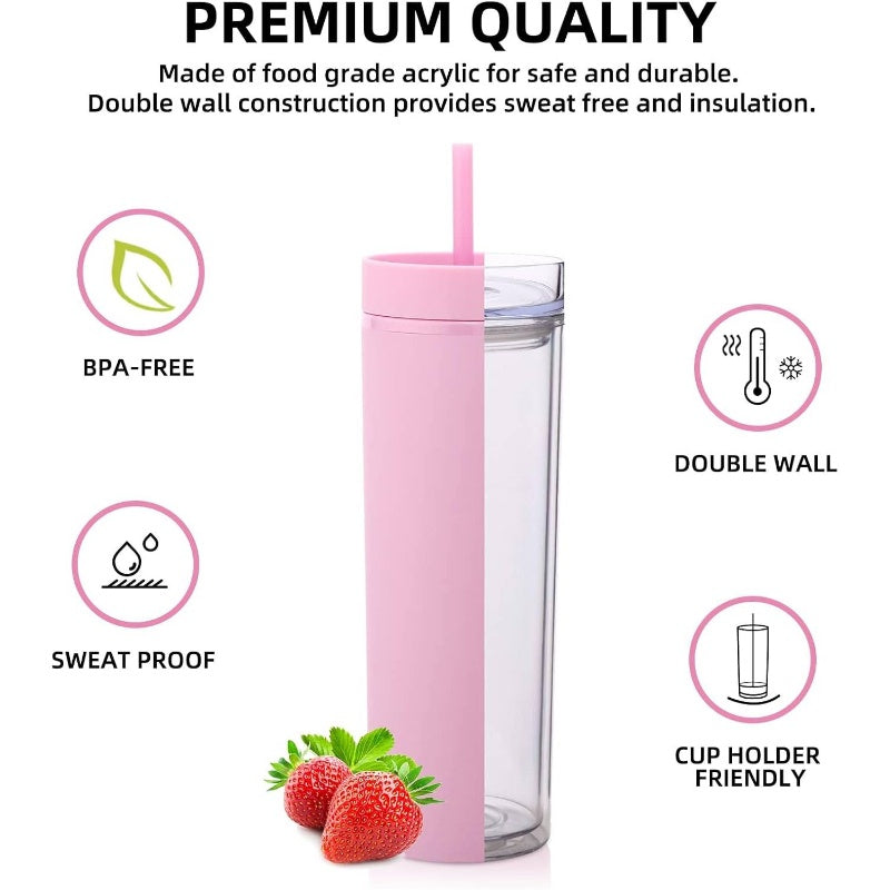 20oz Plastic Skinny Tumblers Bulk 10 Pack, Double Wall Tumbler with Lid and Straw, BPA Matte Acrylic Iced Coffee Cups With Straw, Reusable Travel Cute Mug Party, Pink, 10 Set