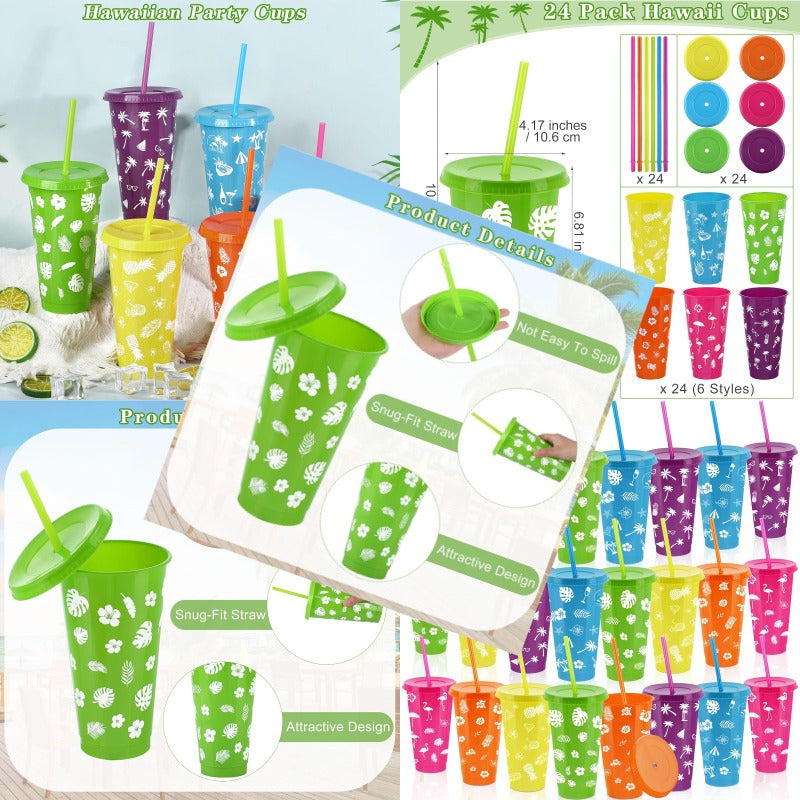 24 Pieces 24 oz Hawaiian Cups Luau Tumbler Cups with Straw and Lid 6 Design Reusable Plastic Travel Mug Cup for Hawaiia Favors Luau Tiki