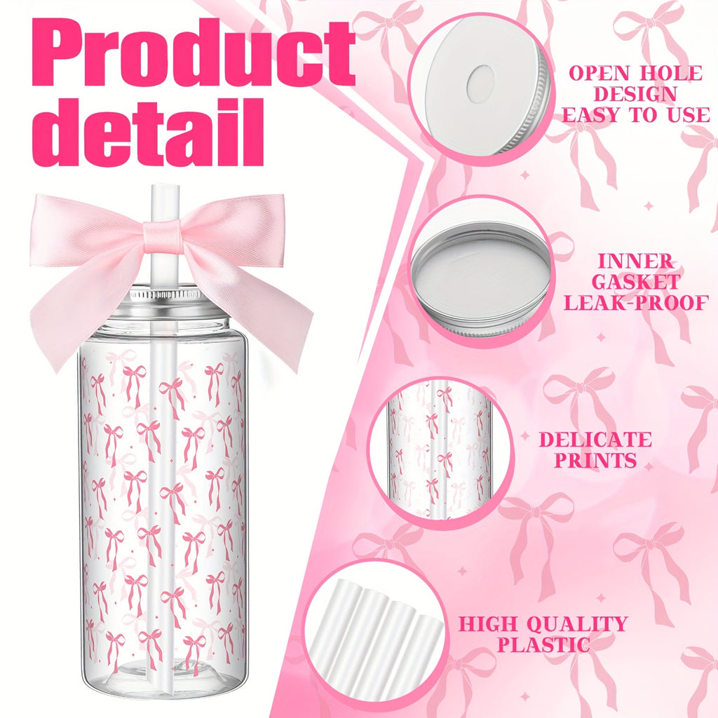 24pcs Pink Bow Plastic Cups Coquette Bow Aesthetic Cup with Lids And Straws 14 Oz Reusable Cute Bow Plastic Tumbler with Ribbon Bow for Women Birthday Bridal Shower Wedding Party Supplies Halloween&Christmas
