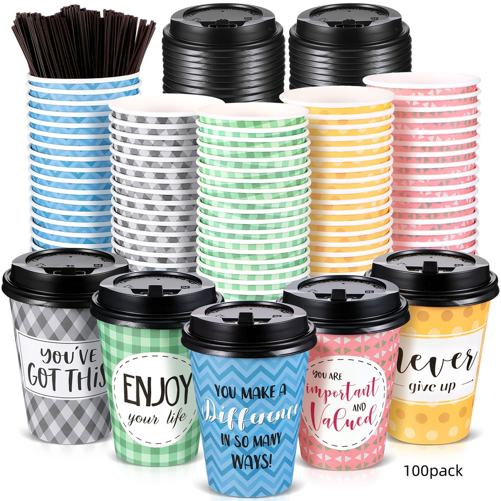 100pcs Disposable Coffee Cups with Lids & Straws - 16oz Motivational Plastic Hot Cups with 6 Inspirational Quotes & Assorted Patterns for Home, Cafe, Office, Parties, YAOMIAO