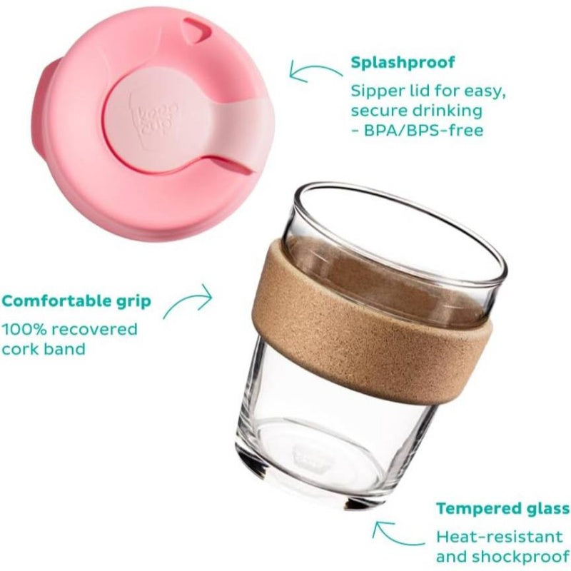 12oz Reusable Coffee Cup. Toughened Glass Cup Natural Cork Band. 12 - OunceMedium, - BFIL12, Home Beverage Container, Travel Mug, Modern Drinkware, Stylish Tumbler, Durable Glassware, Highquality Tumbler, Insulated Mug, Glass Tumbler