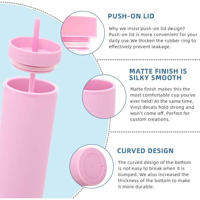 20oz Plastic Skinny Tumblers Bulk 10 Pack, Double Wall Tumbler with Lid and Straw, BPA Matte Acrylic Iced Coffee Cups With Straw, Reusable Travel Cute Mug Party, Pink, 10 Set