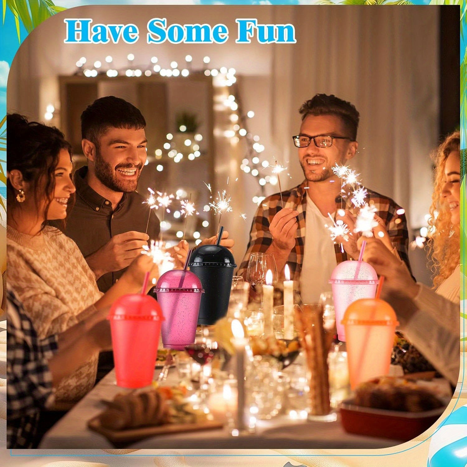 Hsei 24 Pack Glitter Plastic Cups with Dome Lids Straws 16 oz Reusable Tumbler Bulk Iced Coffee Colorful Clear Cold Water Bottle Travel Mug Cup for Birthday Bachelor Party Supplies (Classic Color)