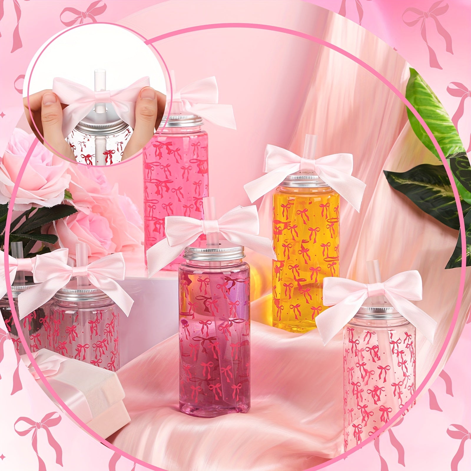 24pcs Pink Bow Plastic Cups Coquette Bow Aesthetic Cup with Lids And Straws 14 Oz Reusable Cute Bow Plastic Tumbler with Ribbon Bow for Women Birthday Bridal Shower Wedding Party Supplies Halloween&Christmas