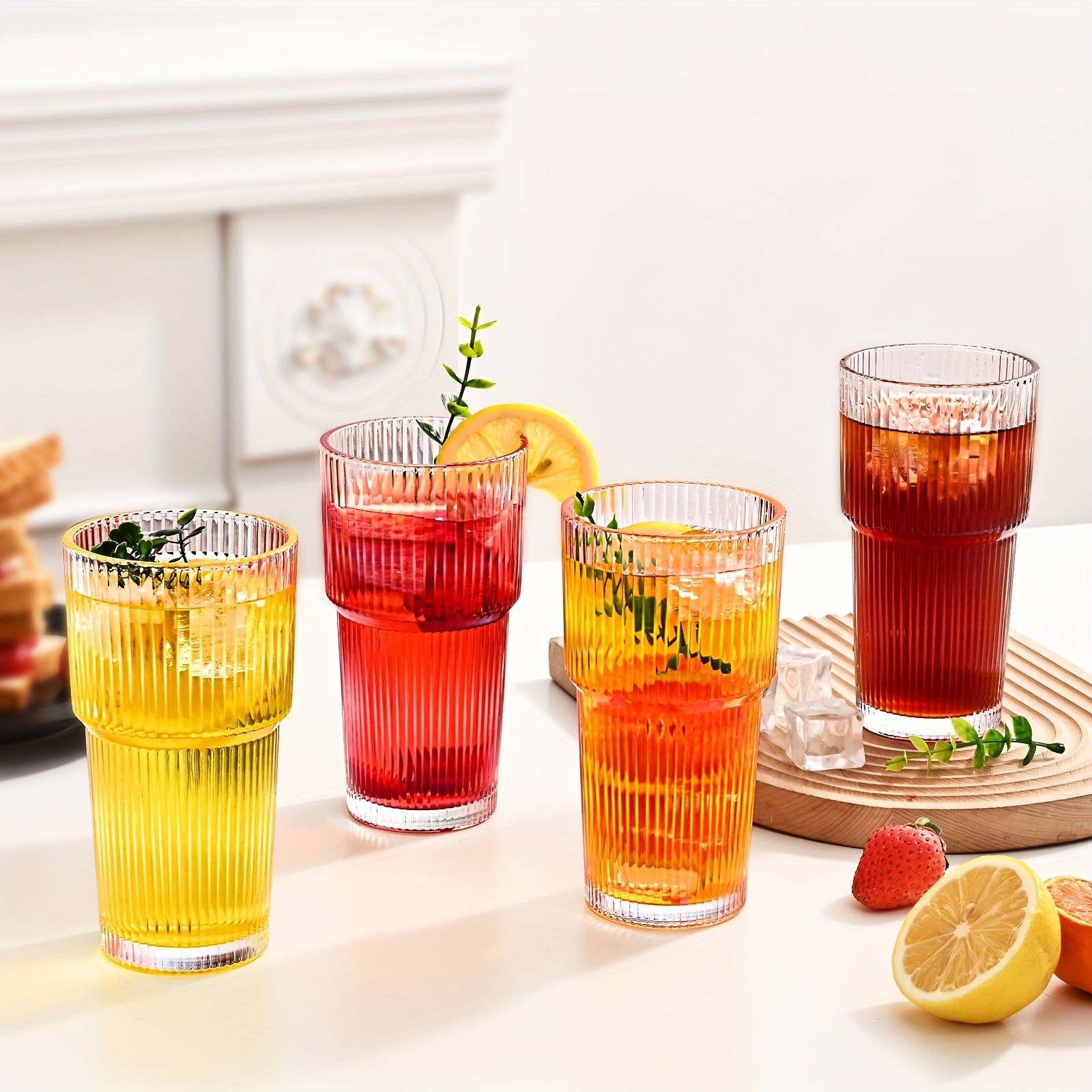 1\u002F2\u002F4pcs Stylish Striped Glass Cup Set With Cup Sleeve, Lid & Straw, 20oz High-Value Large Capacity Striped Glass Cup Set With 1*Cup Sleeve, 1*straw Brush, 2* Straws, Suitable For Cold Drinks, Coffee, Perfect For Home, Office And Outdoor Use