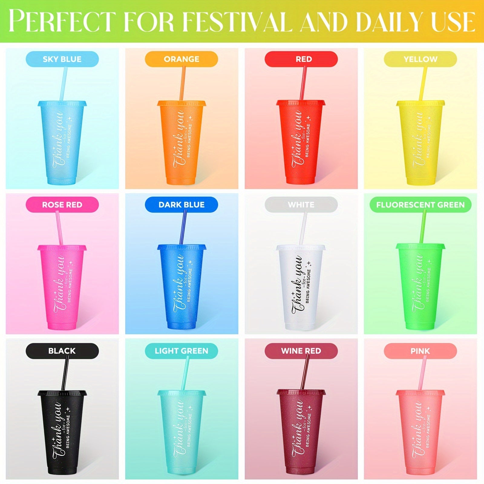 72 Pcs Thank You Gifts Inspirational Tumbler Cup 24 Oz Colorful Tumbler With Lid And Straw Reusable Plastic Tumblers Graduation Appreciation Gift For Coworker Teacher Employee (Bright Colors)