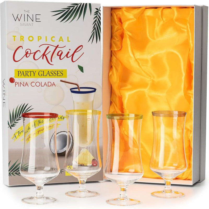 Pina Colada Daiquiri Frozen Cocktails and Juice Glasses Hurricane Glassware Large 17oz 4 Set Tropical Cocktail Tall Stemmed Crystal Grande Cups Tulip Shaped for Bar Drinks Bloody Mary Mai Tai
