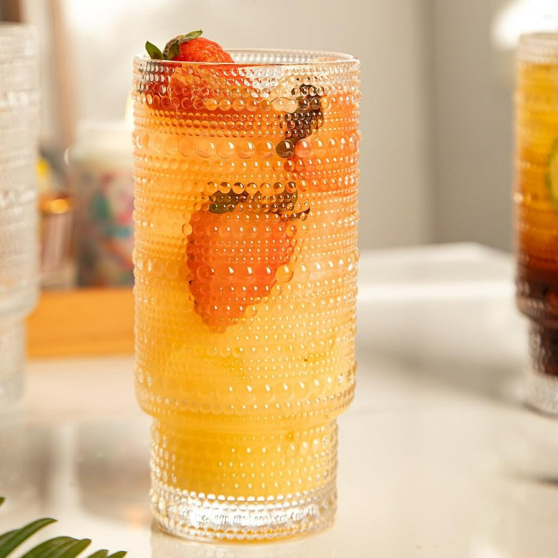 4 Pack Vintage Glassware Drinking Glasses Set 16 oz Hobnail Glassware Emed Clear Water Tumbler Cocktail Glass Cups for Kitchen and Bar Perfect for Juice Iced Coffee Whiskey Beer