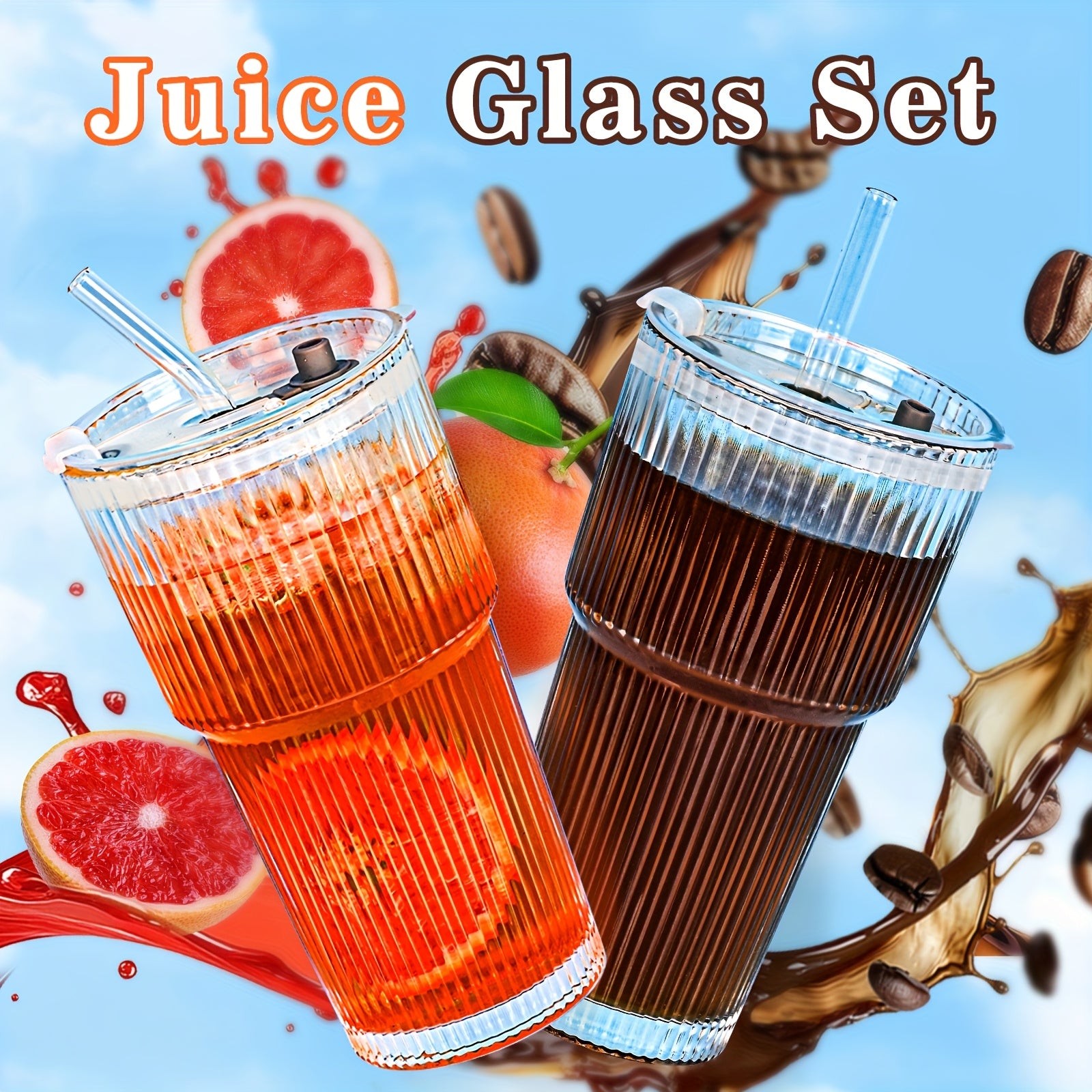 1\u002F2\u002F4pcs Stylish Striped Glass Cup Set With Cup Sleeve, Lid & Straw, 20oz High-Value Large Capacity Striped Glass Cup Set With 1*Cup Sleeve, 1*straw Brush, 2* Straws, Suitable For Cold Drinks, Coffee, Perfect For Home, Office And Outdoor Use