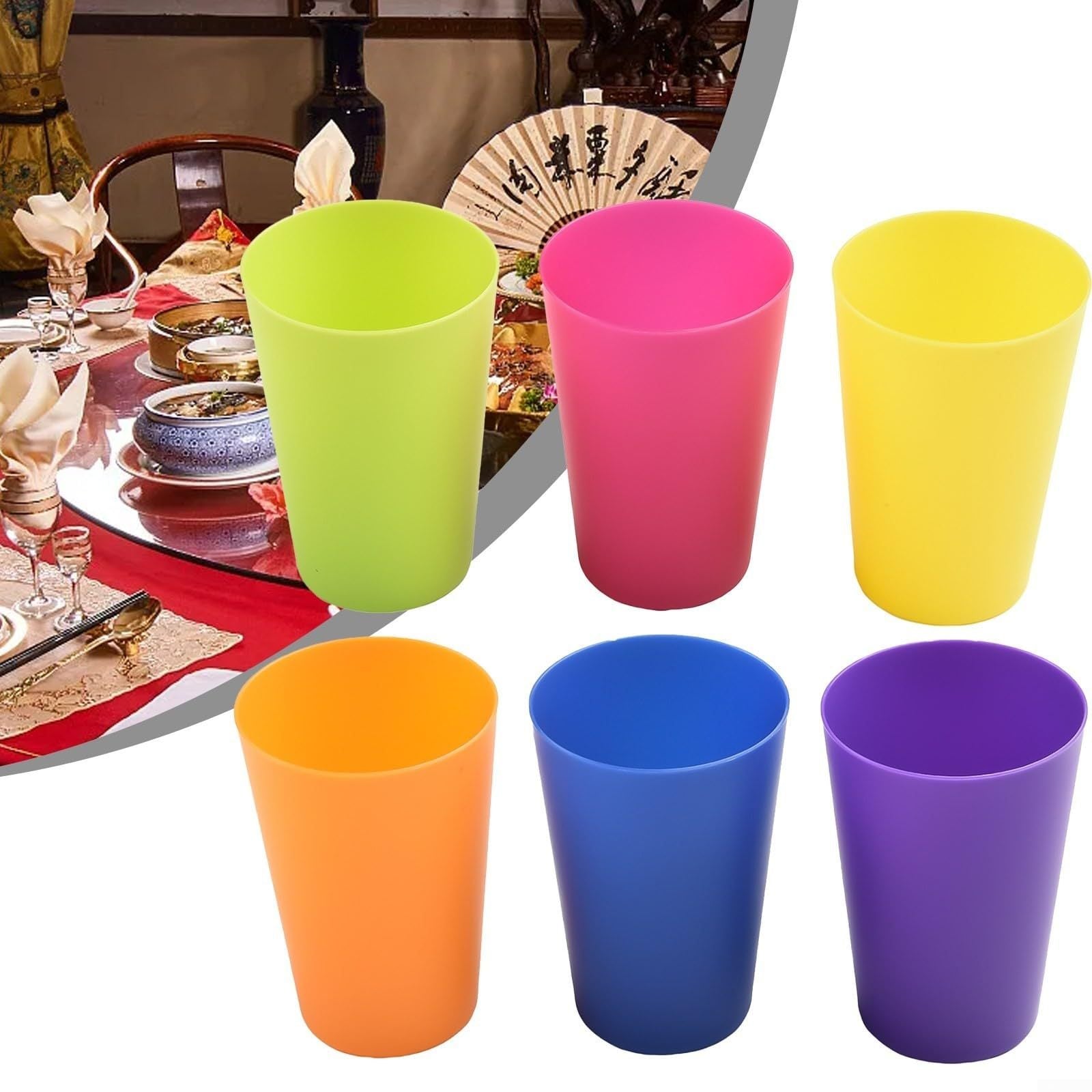 6-Piece Colorful Plastic Drinking Cup Set, Durable and Stackable, Suitable for Fruit Juice, Milk, Coffee, Ice Cream, Microwave and Dishwasher Safe, Kitchen Cup