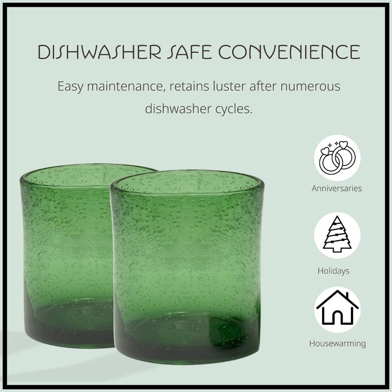 14oz Double Old Fashion Glass Set of 6 Iris Seeded Design Green Drinking Glass for Parties and Everyday Use Mojito Whiskey Cocktail Glassware and Barware entials