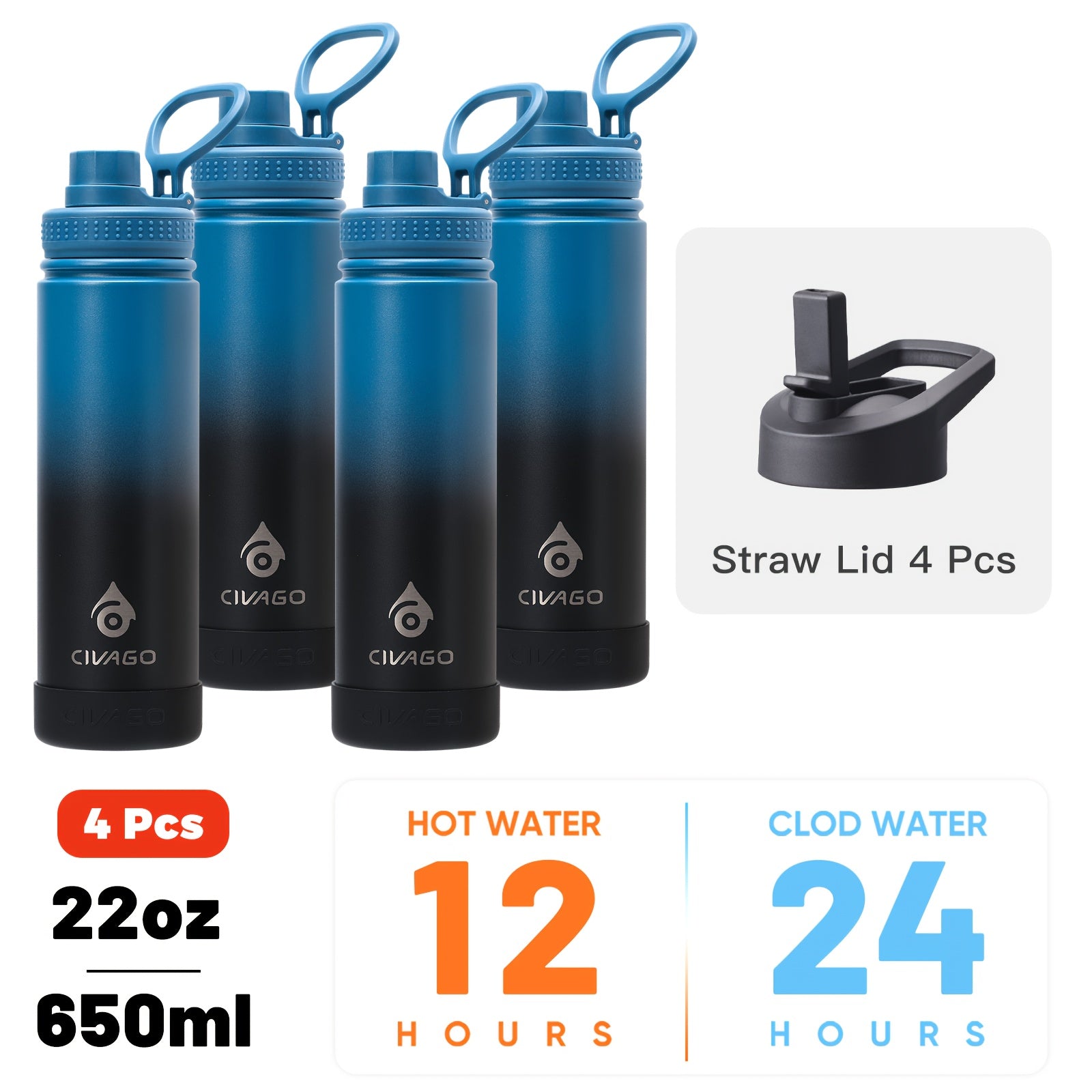 22oz Insulated Water Bottle with Straw Lids (Straw And Spout Lid), Wide Mouth Stainless Steel Tumbler Cup with Handle, Sweat-Free Leak Proof Vacuum Cup Flask, for Sports Hiking Travel Coffee Mug, Durable Metal Canteen BPA Free, 1pc