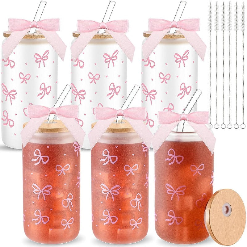 6 Sets 16oz Coquette Aesthetic Bow Glass Cup with Lids and Straws for Mom Teacher Gifts Cute Bow Glass Coffee Cups Reusable Smoothie Tumbler Decor Gifts for Women Coworkers Pink