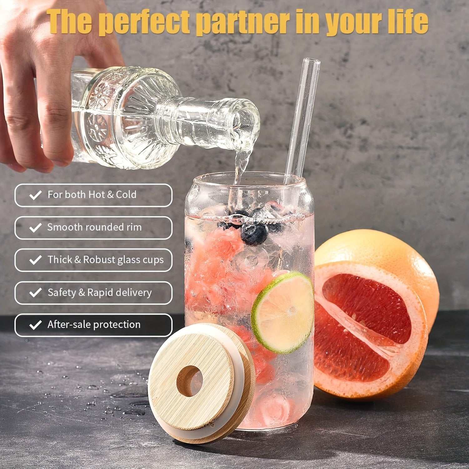 Durable Mason Jar Cups 4\u002F6\u002F8\u002F12\u002F16pcs Durable Mason Jar Glass Cups with Bamboo Lids & Reusable Straws - 18.7oz\u002F550ml Iced Coffee Tumblers for Home, Family Gatherings, and Travel