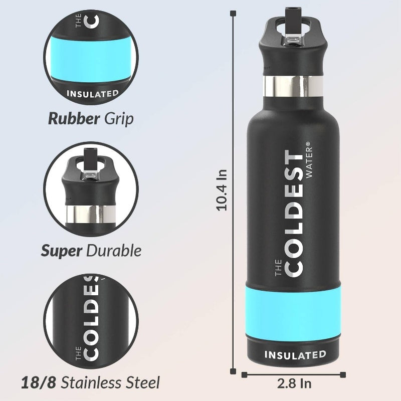 21oz Stainless Steel Insulated Water Bottle with Straw Lid - Double-Wall Vacuum Insulation, Leakproof & Temperature Retention, Matte Black with Blue Accent, Ergonomic Grip & Carry Loop, Durable Thermos for Hot\u002FCold Drinks, Outdoor, Gym, Travel