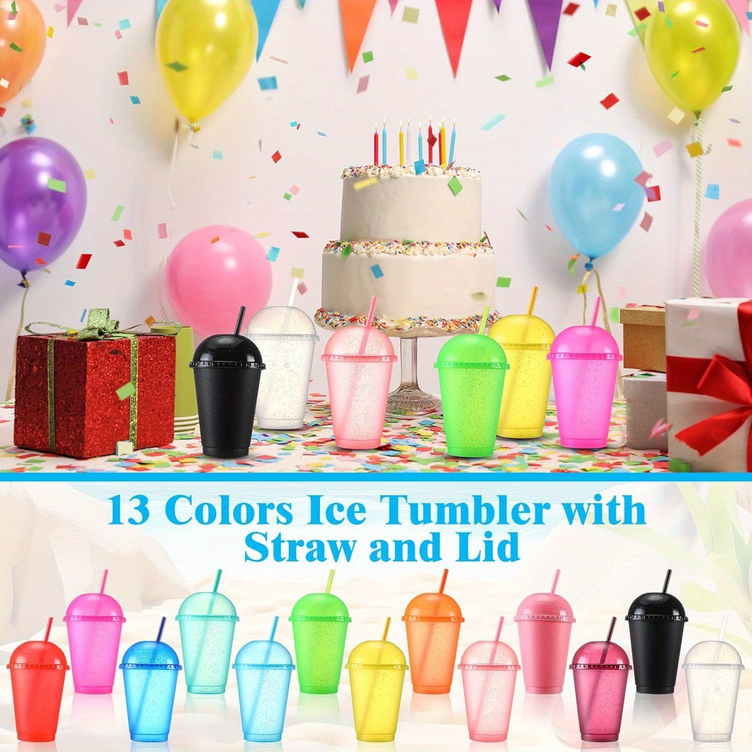 Hsei 24 Pack Glitter Plastic Cups with Dome Lids Straws 16 oz Reusable Tumbler Bulk Iced Coffee Colorful Clear Cold Water Bottle Travel Mug Cup for Birthday Bachelor Party Supplies (Classic Color)