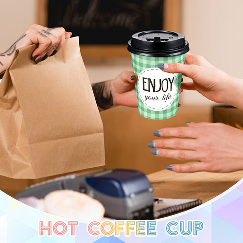 100pcs Disposable Coffee Cups with Lids & Straws - 16oz Motivational Plastic Hot Cups with 6 Inspirational Quotes & Assorted Patterns for Home, Cafe, Office, Parties, YAOMIAO