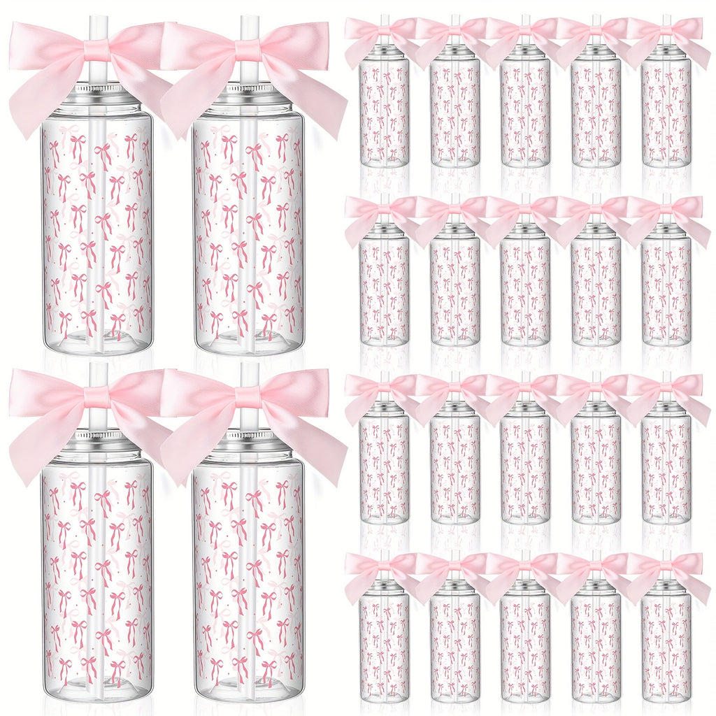 24pcs Pink Bow Plastic Cups Coquette Bow Aesthetic Cup with Lids And Straws 14 Oz Reusable Cute Bow Plastic Tumbler with Ribbon Bow for Women Birthday Bridal Shower Wedding Party Supplies Halloween&Christmas