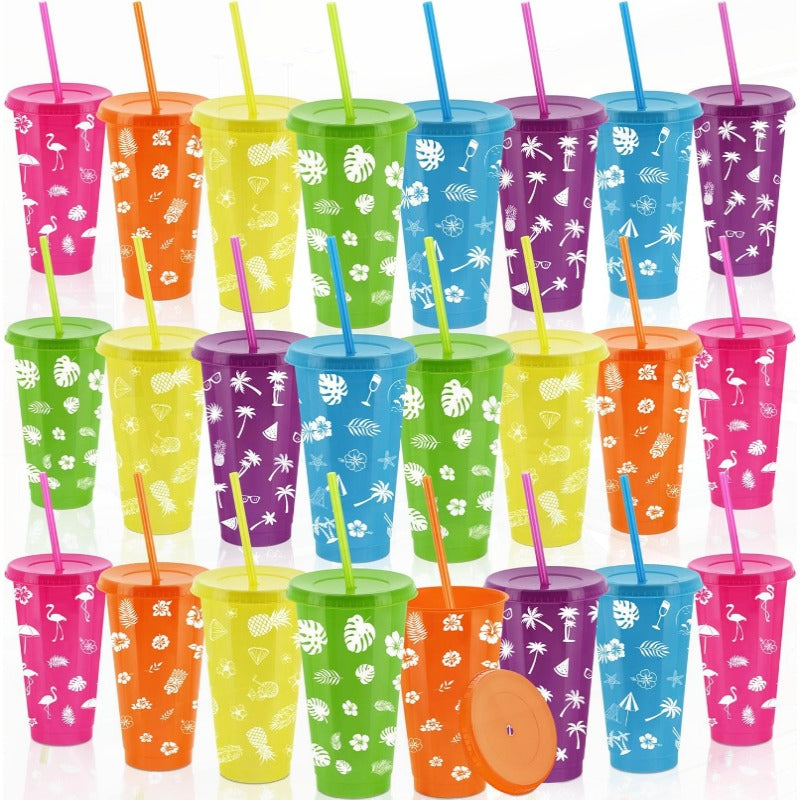 24 Pieces 24 oz Hawaiian Cups Luau Tumbler Cups with Straw and Lid 6 Design Reusable Plastic Travel Mug Cup for Hawaiia Favors Luau Tiki