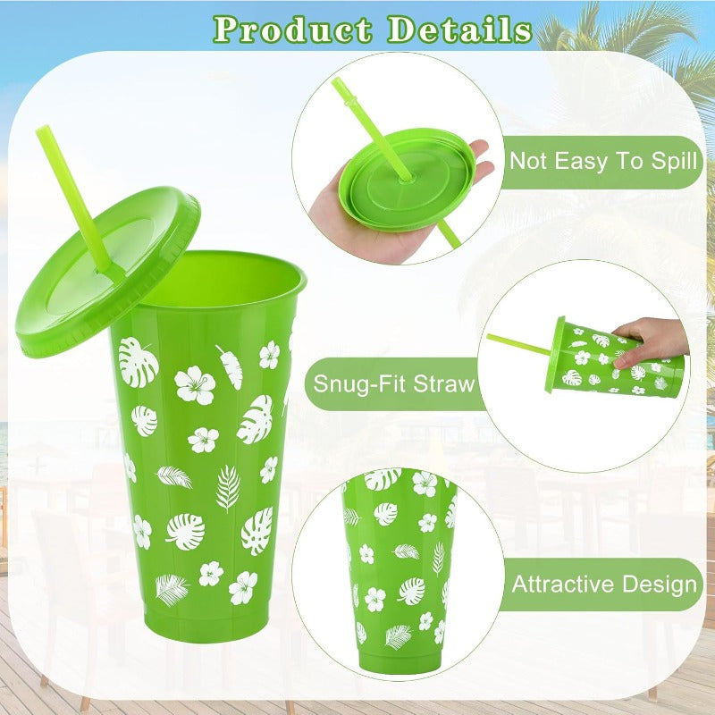 24 Pieces 24 oz Hawaiian Cups Luau Tumbler Cups with Straw and Lid 6 Design Reusable Plastic Travel Mug Cup for Hawaiia Favors Luau Tiki