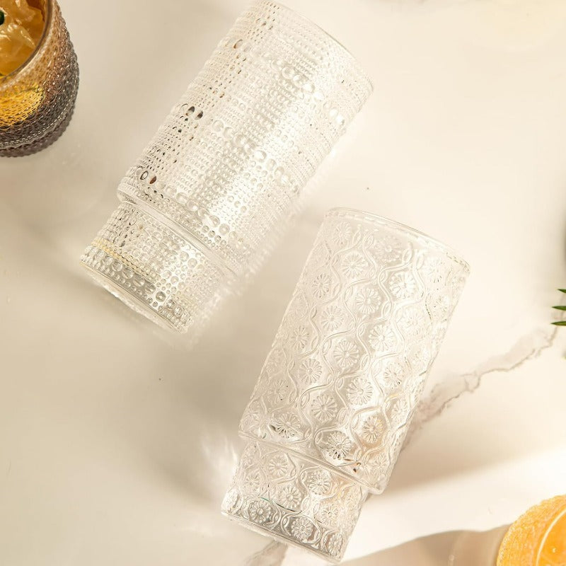 4 Pack Vintage Glassware Drinking Glasses Set 16 oz Hobnail Glassware Emed Clear Water Tumbler Cocktail Glass Cups for Kitchen and Bar Perfect for Juice Iced Coffee Whiskey Beer
