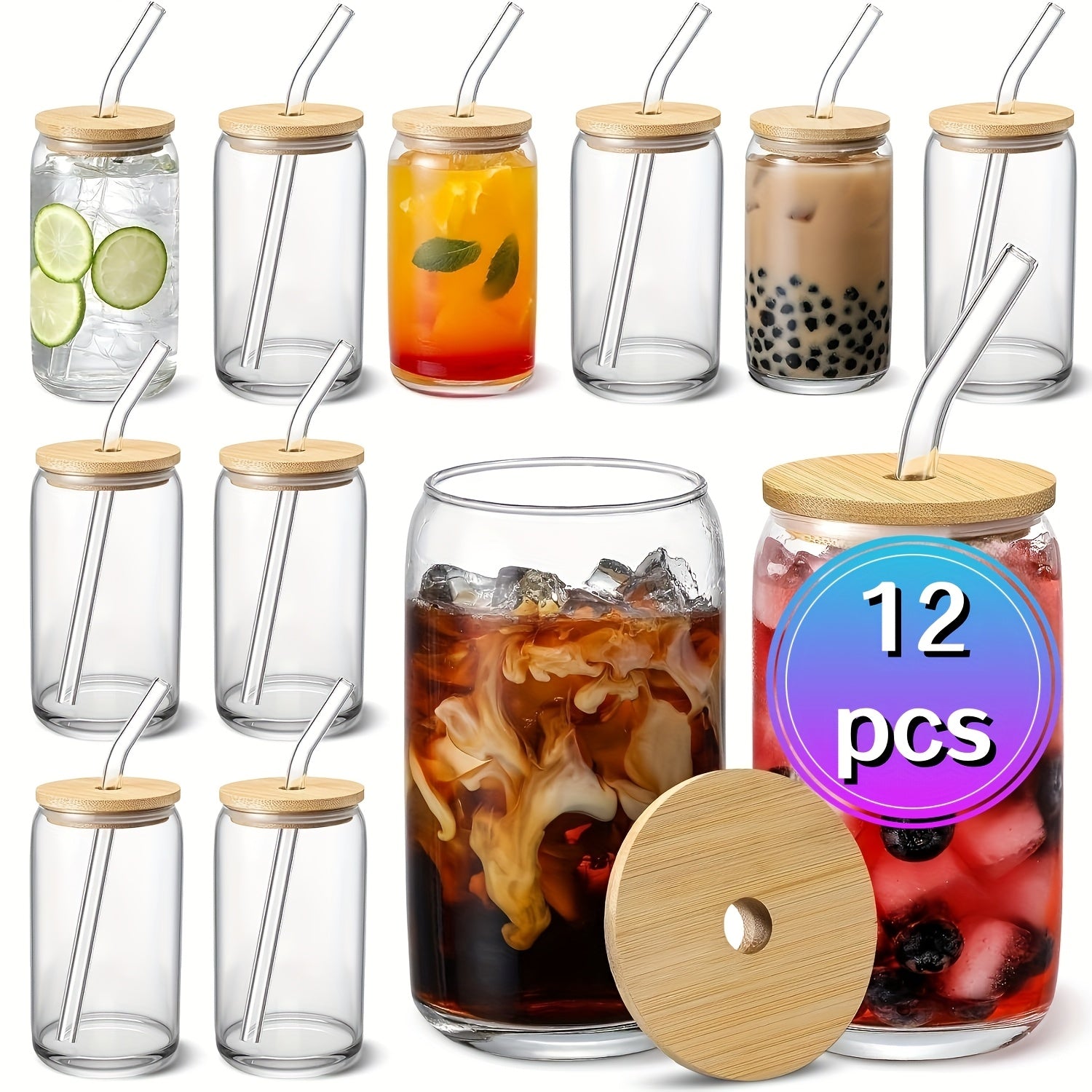 Durable Mason Jar Cups 4\u002F6\u002F8\u002F12\u002F16pcs Durable Mason Jar Glass Cups with Bamboo Lids & Reusable Straws - 18.7oz\u002F550ml Iced Coffee Tumblers for Home, Family Gatherings, and Travel