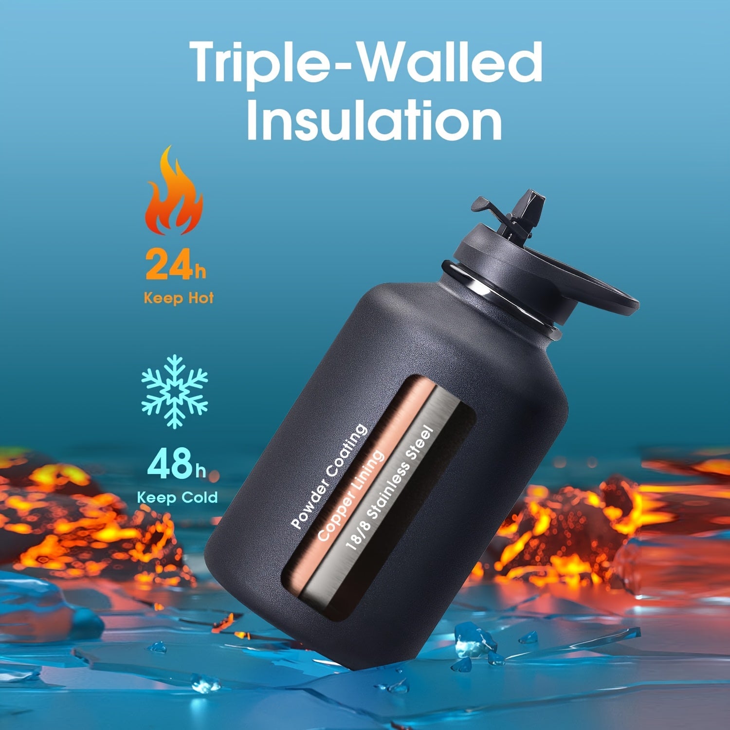 64\u002F128 Oz Water Bottle Insulated With PU Leather Sleeve, Half Gallon Water Bottle Color Contrast With Straw Lids, Stainless Steel Metal Large Water Jug, Keep Cold 48h Hot 24h, Black\u002FPurple