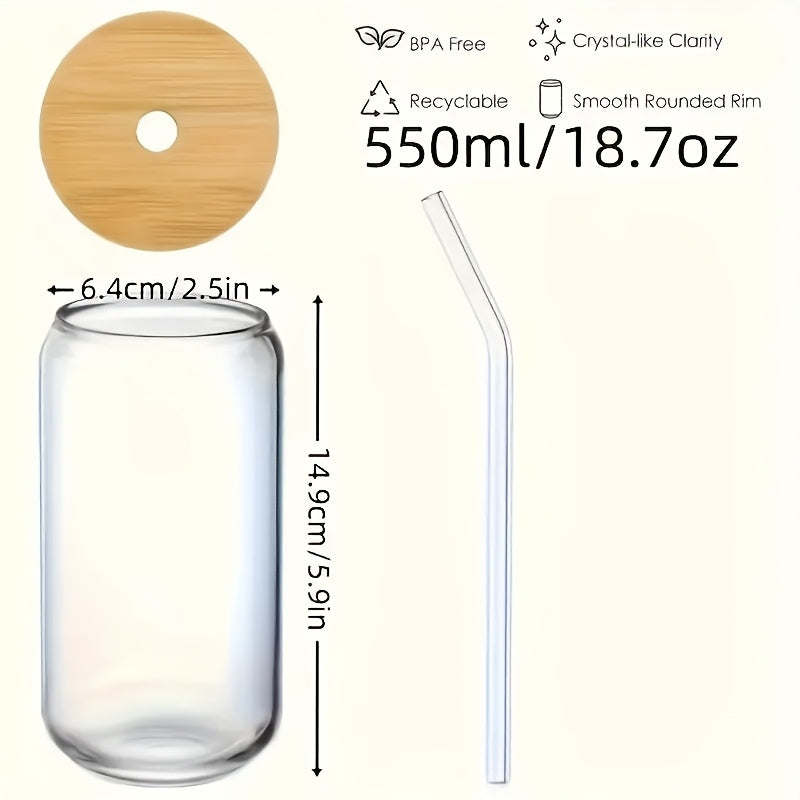 4\u002F6pcs, Glass Cup, 18.7oz\u002F550ml Glass Cup with Lid and Straw, Mason Jar Water Cup, Iced Coffee Cup, Glass Cup with Bamboo Lid,