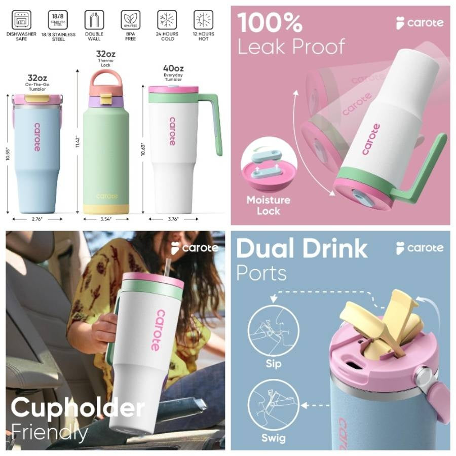 3 - Pack Insulated Stainless Steel Bottles with Upgraded Leakproof Tech, Car Holder Fit Scratch - Resistant, 323240 oz Travel Straw Tumblers Set HomeCarOutdoor Macaron